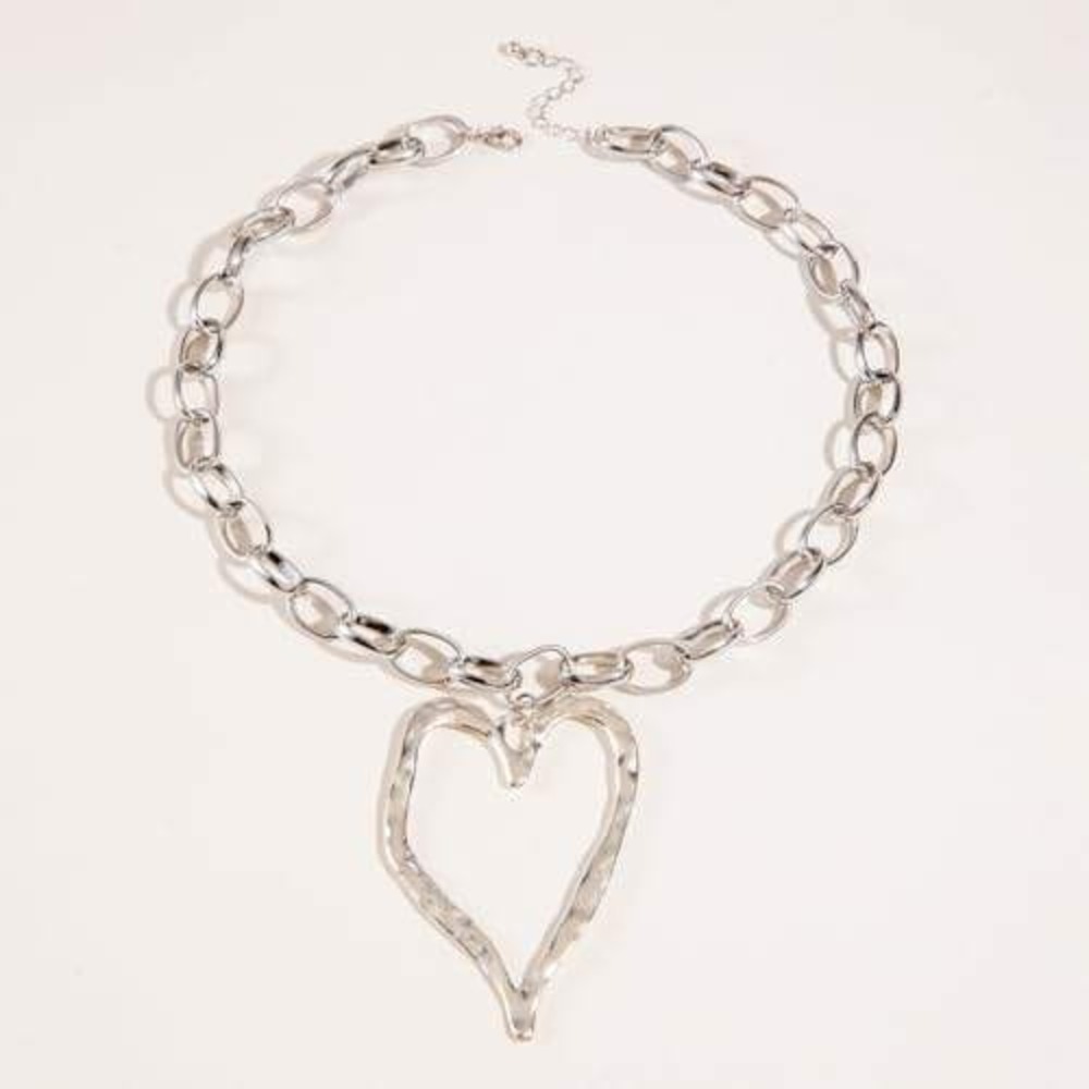 Silver Chunky Chain Necklace Large Hammered Open Heart Pendant Statement Jewelry